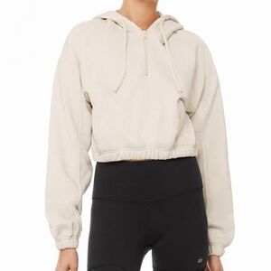 Alo Yoga Stadium Half-Zip Cropped Hoodie in Bone